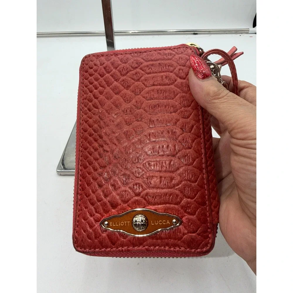 Elliott Lucca Red Python Embossed Leather Zip Around Wristlet Wallet
